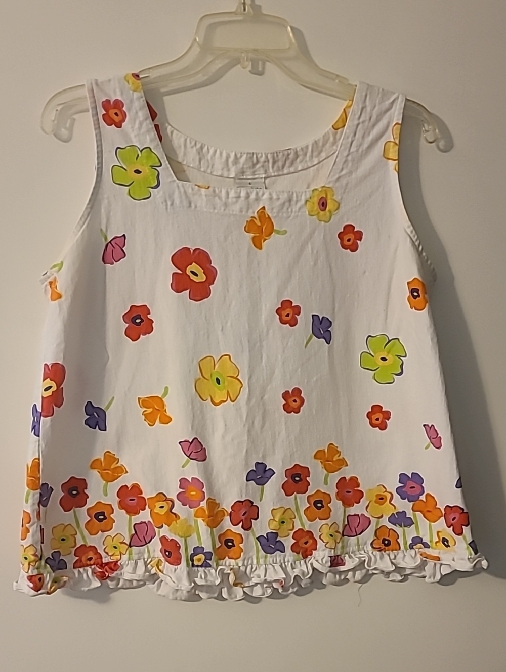 On White 90's 100% Cotton White Floral Ruffle Hem Tank Top - Multicolor Flowers